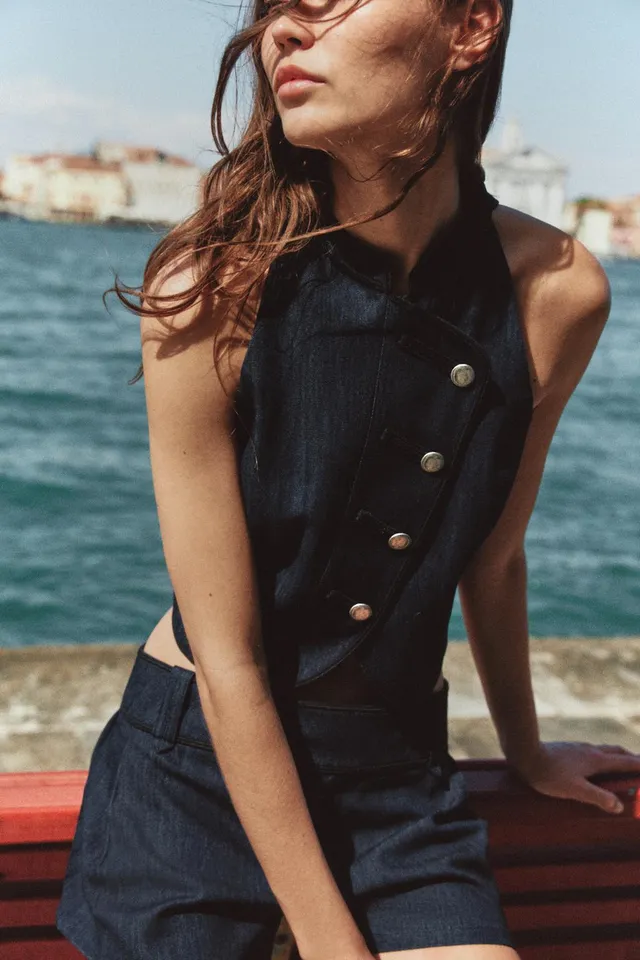 Halter Neck Waistcoat with Contrast Trim and Crossover Button Front – image 5