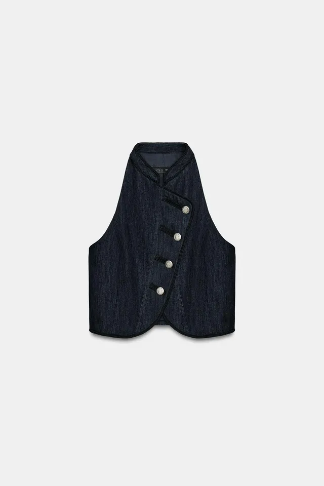 Halter Neck Waistcoat with Contrast Trim and Crossover Button Front – image 7