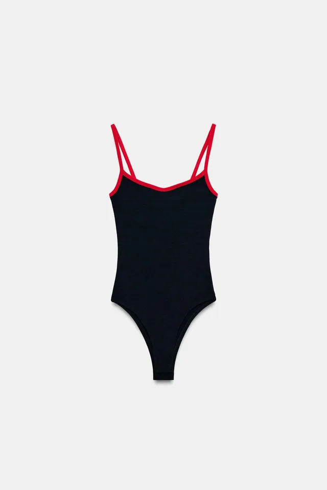 Cotton Blend Bodysuit with Contrast Piping and Snap Button Fastening – image 6
