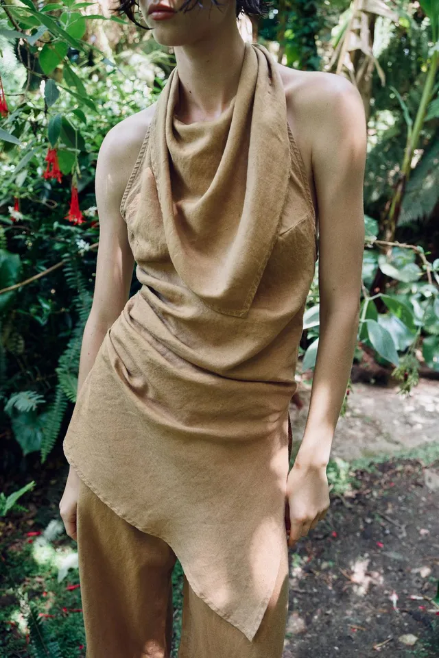 Linen Blend Asymmetric Halter Top with Side Vent and Invisible Zipper – image 4