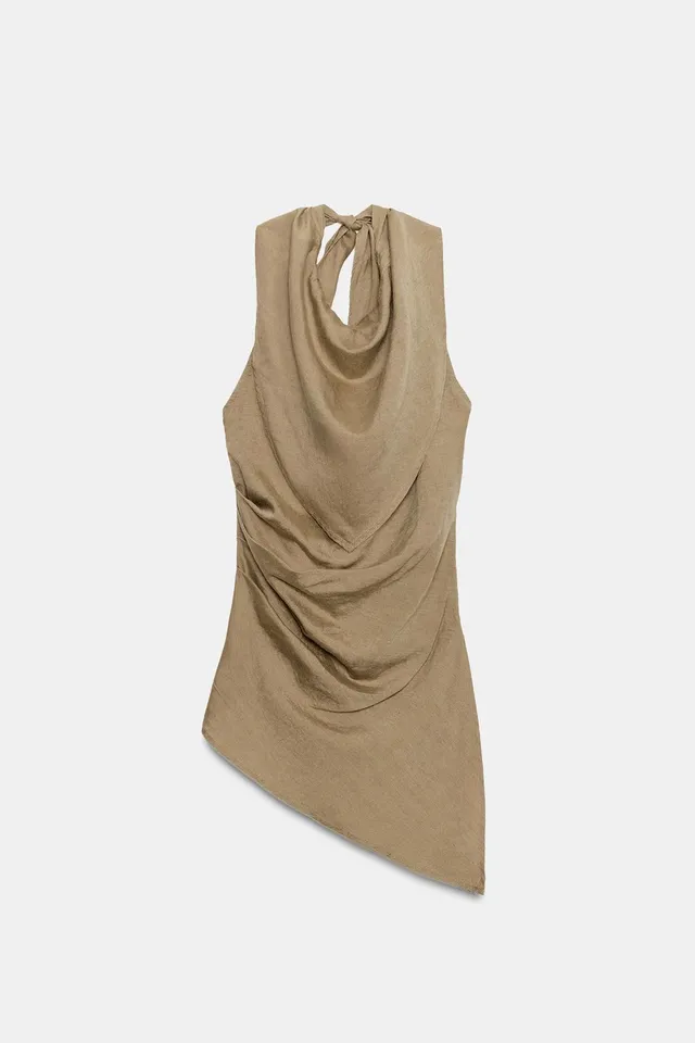 Linen Blend Asymmetric Halter Top with Side Vent and Invisible Zipper – image 8