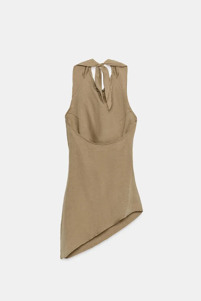 Linen Blend Asymmetric Halter Top with Side Vent and Invisible Zipper – image 9