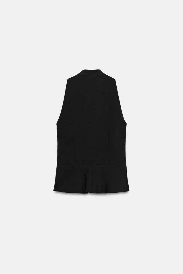 High-Neck Sleeveless Peplum Top with Frog Fastening and Flared Hem – image 10