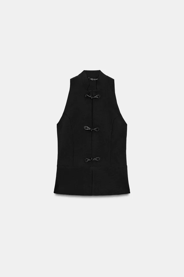High-Neck Sleeveless Peplum Top with Frog Fastening and Flared Hem – image 9