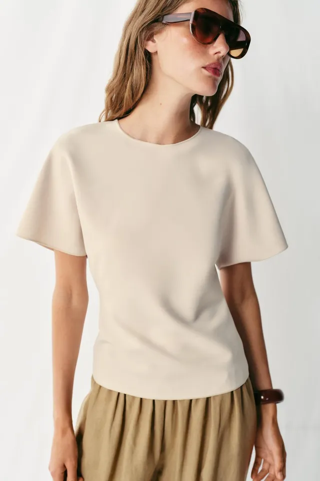 Solid Color Round Neck Short Sleeve T-Shirt with Back Cut-Out Detail – image 2