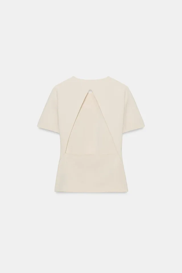 Solid Color Round Neck Short Sleeve T-Shirt with Back Cut-Out Detail – image 7
