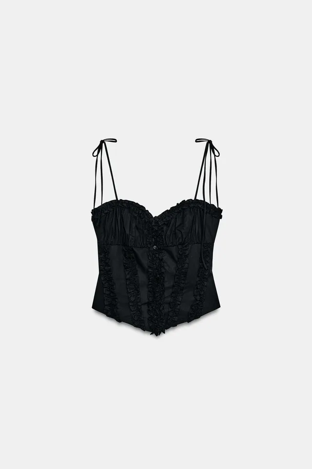 Fitted Polka Dot Poplin Top with Ruffle Detail and Thin Tie-Up Straps – image 7