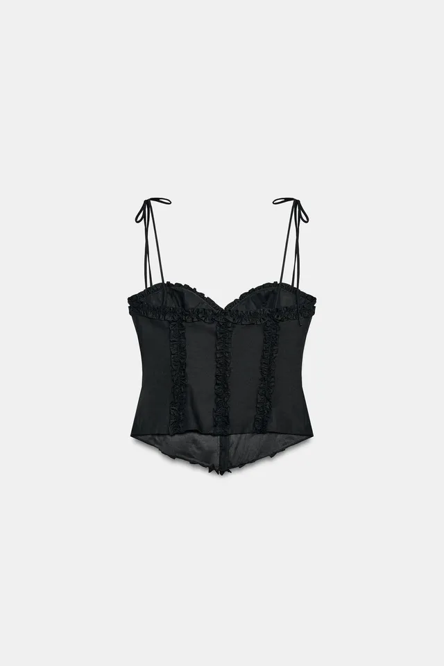 Fitted Polka Dot Poplin Top with Ruffle Detail and Thin Tie-Up Straps – image 8