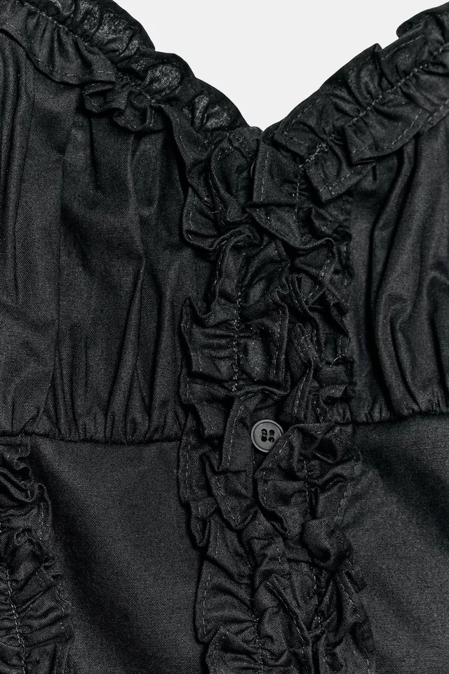 Fitted Polka Dot Poplin Top with Ruffle Detail and Thin Tie-Up Straps – image 9