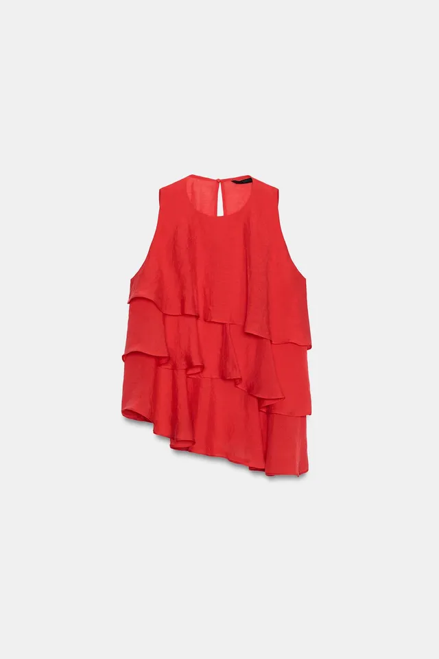 Asymmetric Ruffle Detail Sleeveless Top with Back Button Closure – image 4