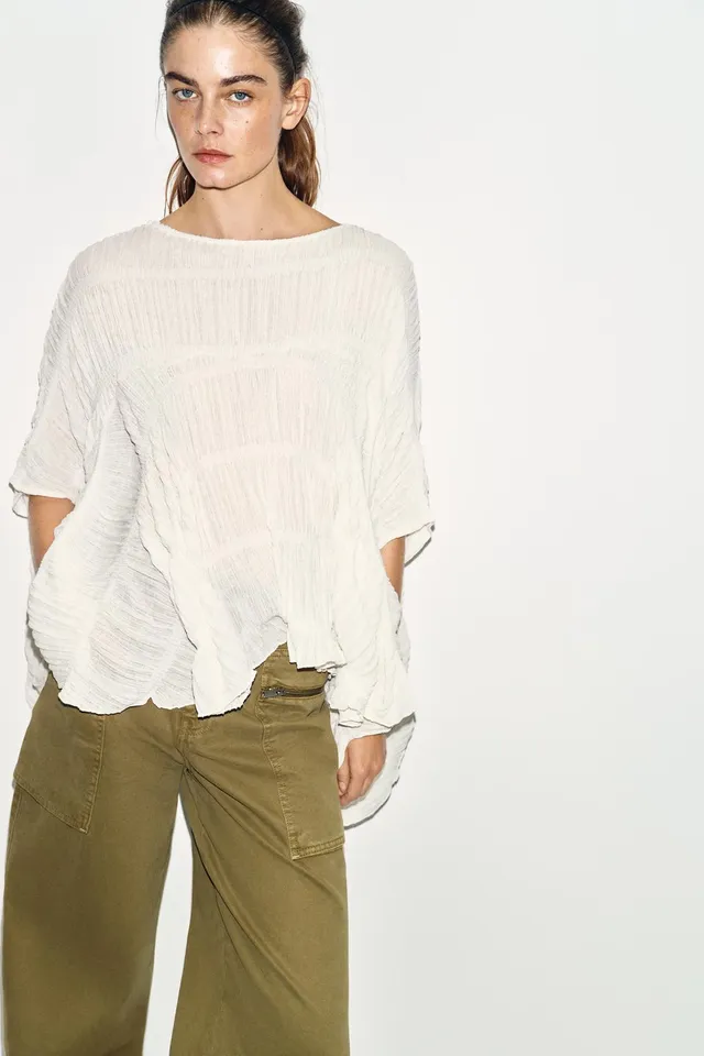 Textured Cape Top with Ruched Detailing and Asymmetric Hem – image 2