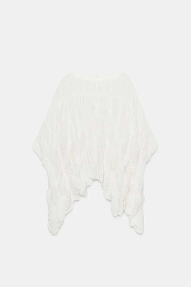 Textured Cape Top with Ruched Detailing and Asymmetric Hem – image 6