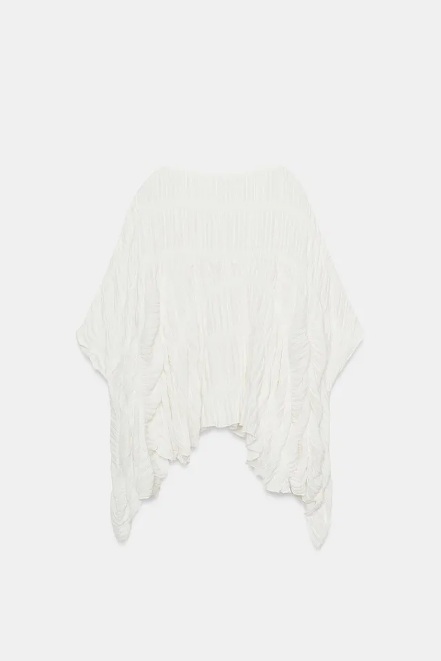 Textured Cape Top with Ruched Detailing and Asymmetric Hem – image 7