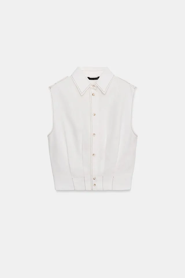 Linen Blend Sleeveless Top with Contrast Topstitching and Button-Up Front – image 7