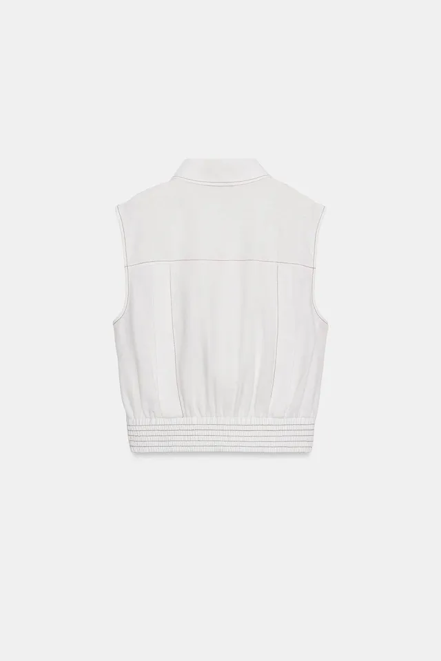 Linen Blend Sleeveless Top with Contrast Topstitching and Button-Up Front – image 8