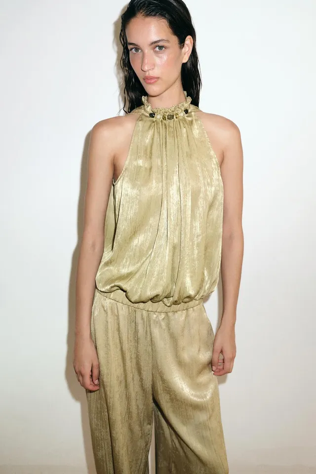 Sleeveless Top with Gathered Beaded Neckline and Back Tie Closure – image 2
