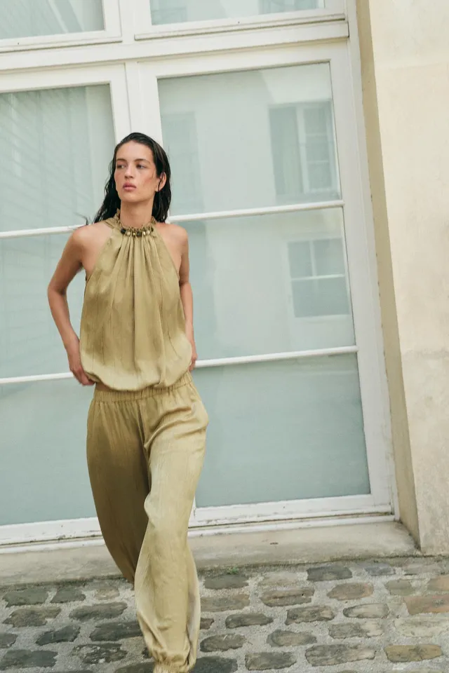 Sleeveless Top with Gathered Beaded Neckline and Back Tie Closure – image 4