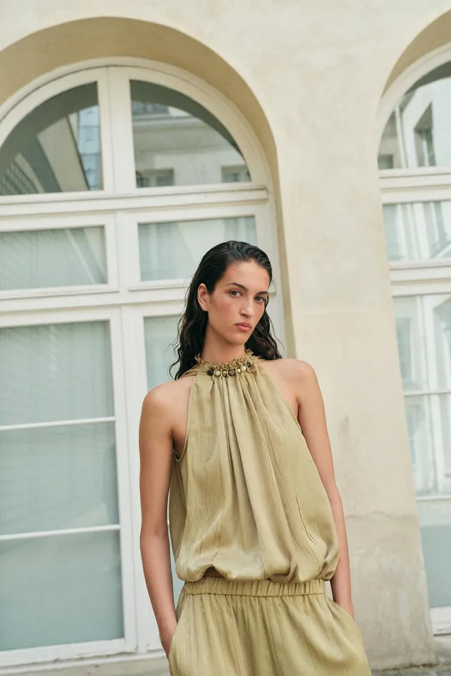 Sleeveless Top with Gathered Beaded Neckline and Back Tie Closure – image 5