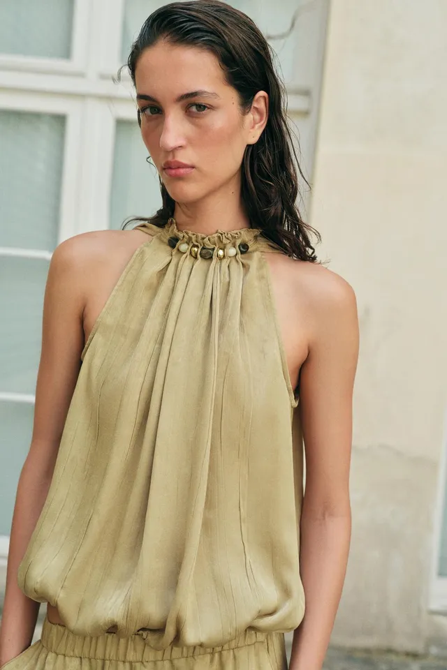 Sleeveless Top with Gathered Beaded Neckline and Back Tie Closure – image 6