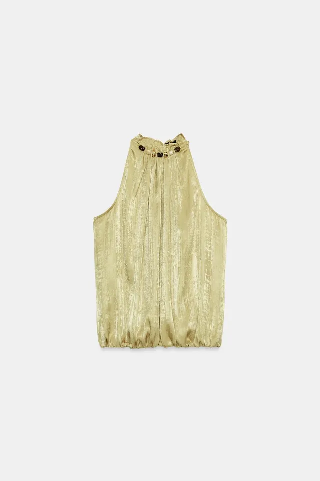 Sleeveless Top with Gathered Beaded Neckline and Back Tie Closure – image 8