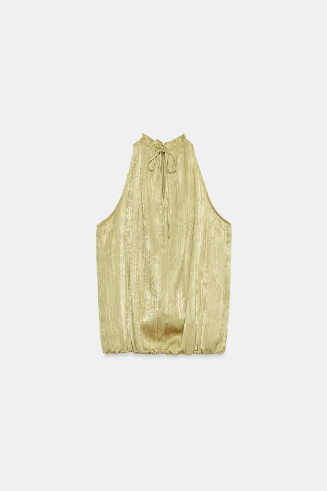 Sleeveless Top with Gathered Beaded Neckline and Back Tie Closure – image 9