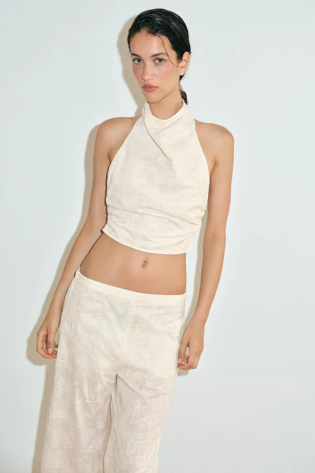 Crop Halter Top with Sequin Embroidery and Tie-Up Closure – image 2