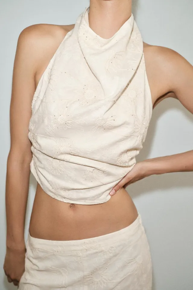 Crop Halter Top with Sequin Embroidery and Tie-Up Closure – image 4