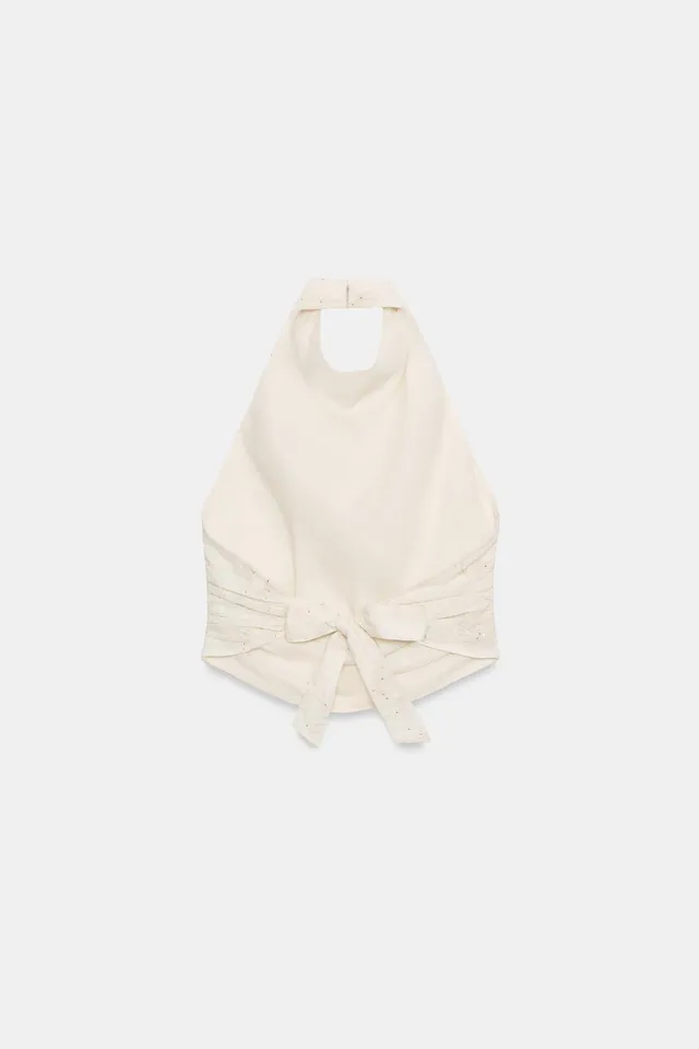 Crop Halter Top with Sequin Embroidery and Tie-Up Closure – image 9