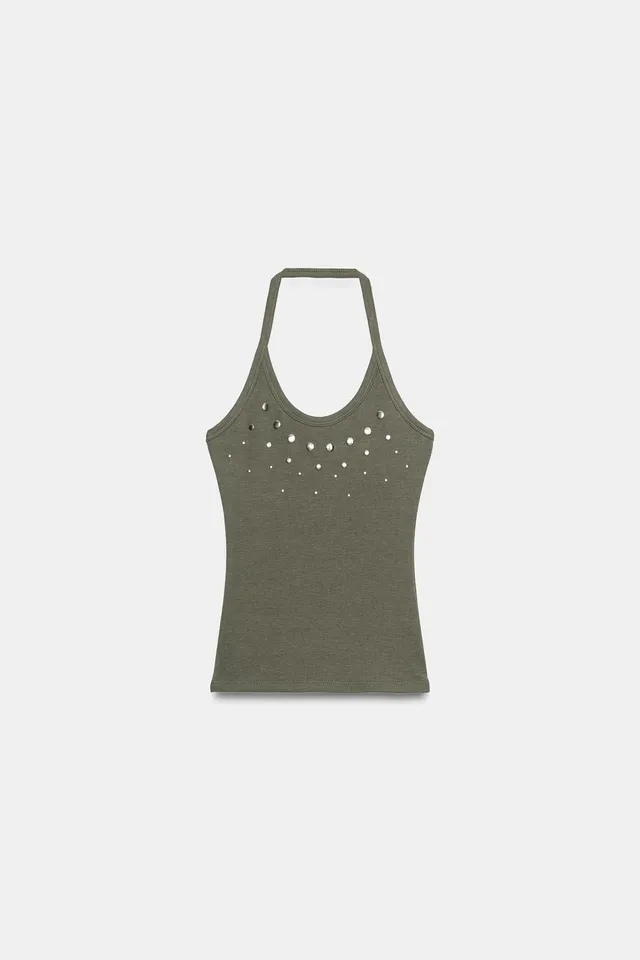 Cotton Blend Halter Top with Stud Detail – image 4