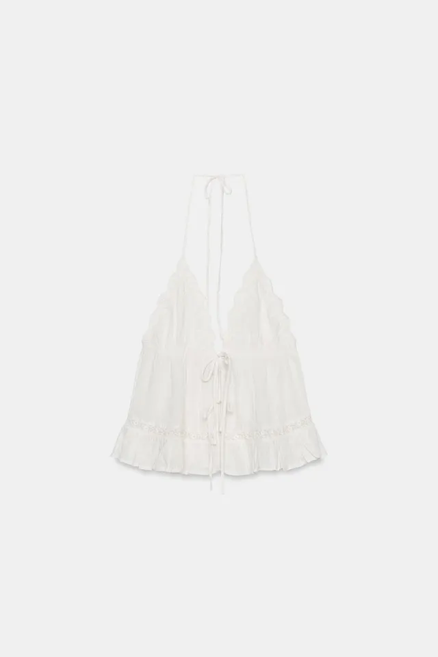 Lightweight Gauze Halter Top with Embroidery and Tie Closure – image 4