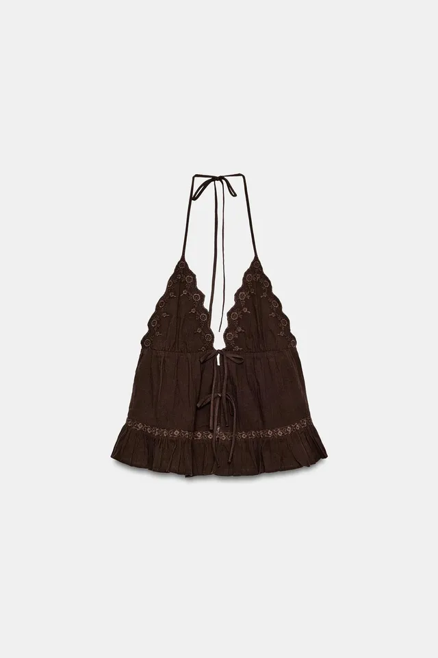 Lightweight Gauze Halter Top with Embroidery and Tie Closure – image 4