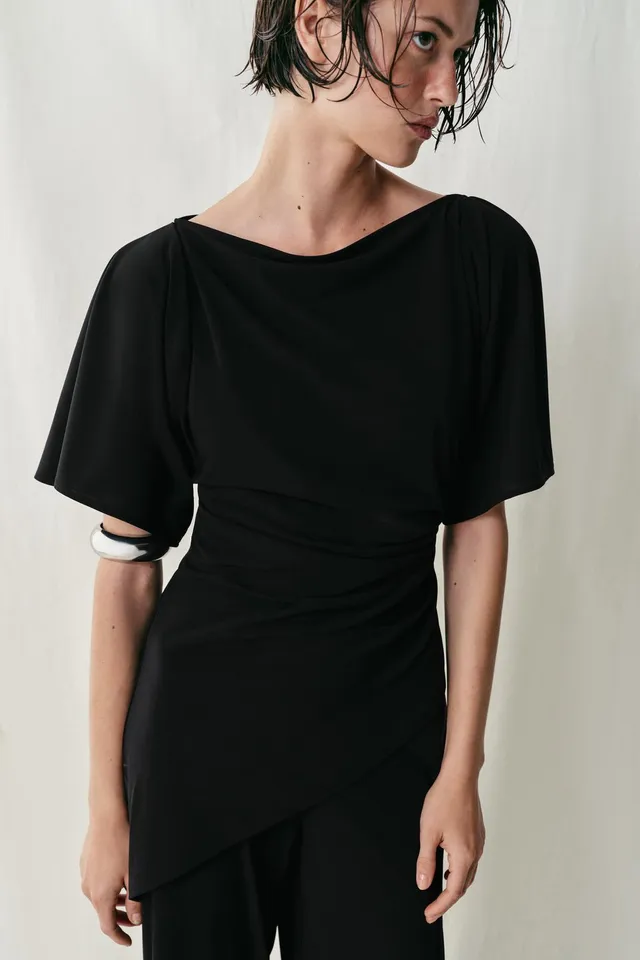 Boat Neck Short Sleeve Draped Crepe Top – image 2