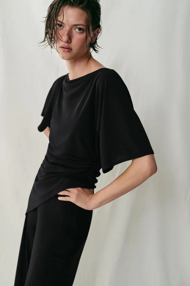 Boat Neck Short Sleeve Draped Crepe Top – image 3