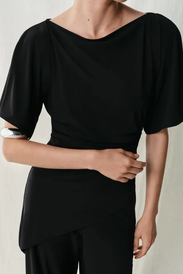 Boat Neck Short Sleeve Draped Crepe Top – image 5