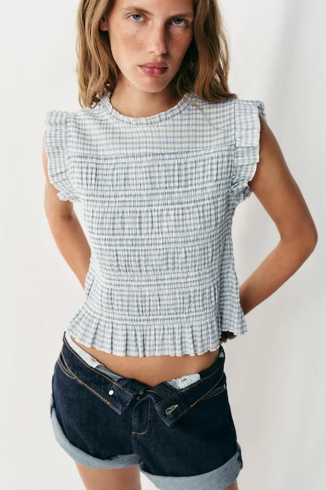 Gingham Smocked Sleeveless Top with Ruffled Trim and Back Vent – image 2