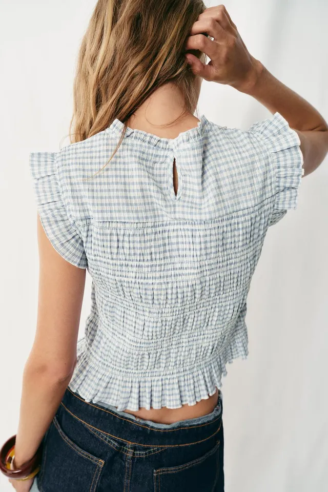 Gingham Smocked Sleeveless Top with Ruffled Trim and Back Vent – image 5