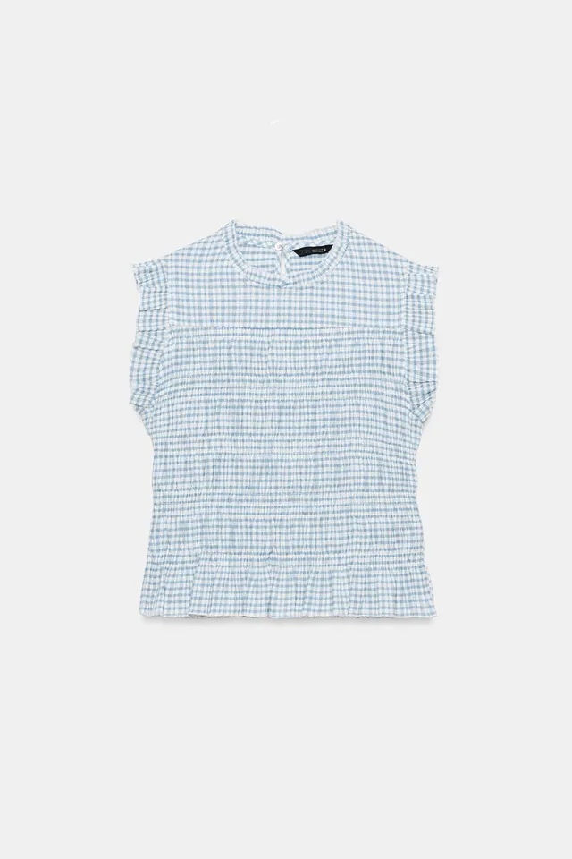 Gingham Smocked Sleeveless Top with Ruffled Trim and Back Vent – image 6