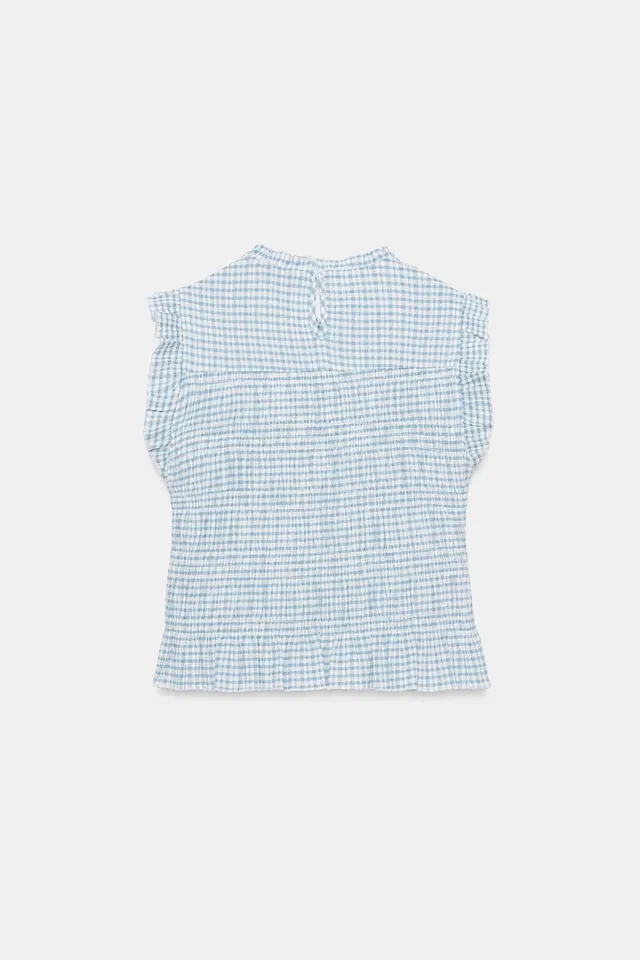 Gingham Smocked Sleeveless Top with Ruffled Trim and Back Vent – image 7