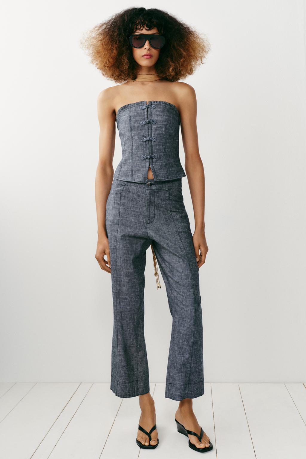 Linen Blend Crop Top Frog Fastening