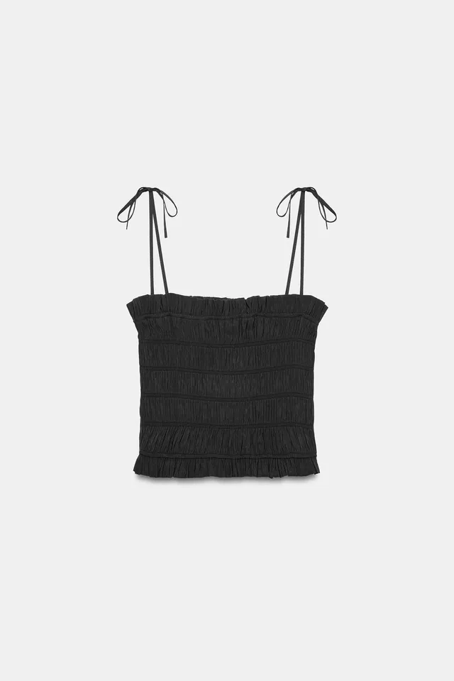 Crop Top with Striped Pattern, Adjustable Straps, and Gathered Detail – image 4