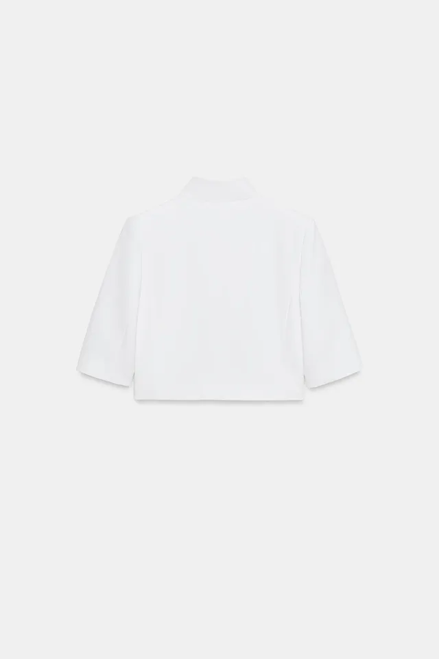 Cropped Short Sleeve Blazer with High Neck and Welt Chest Pockets – image 7