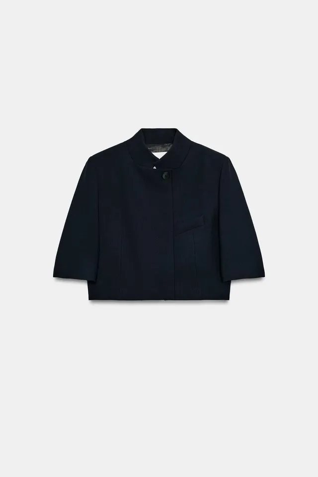 Cropped Short Sleeve Blazer with Raised Collar and Chest Pocket – image 5