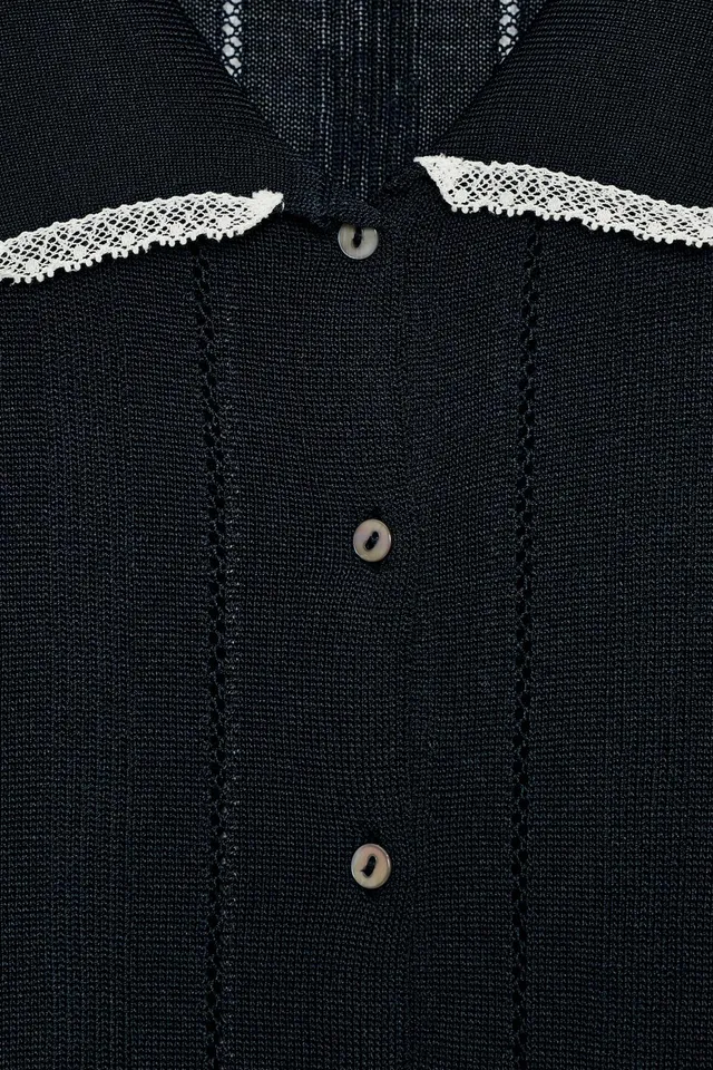 SHORT SLEEVE LACE TRIM KNIT CARDIGAN – image 7