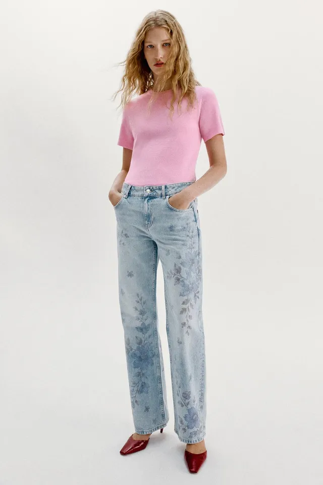 Z1975 MID-WAIST STRAIGHT LONG LENGTH FLORAL PRINT JEANS