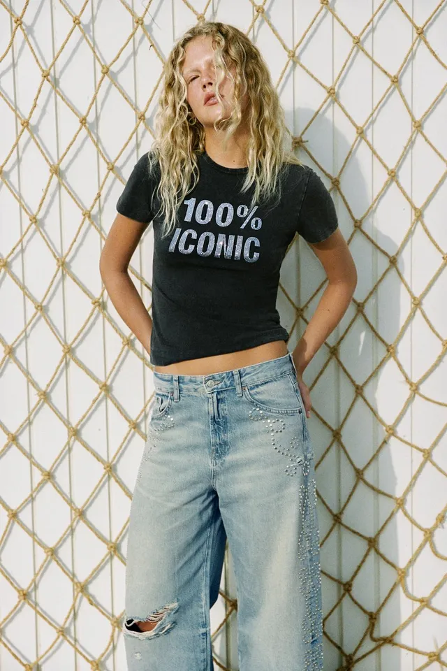 WASHED RHINESTONE SLOGAN T-SHIRT