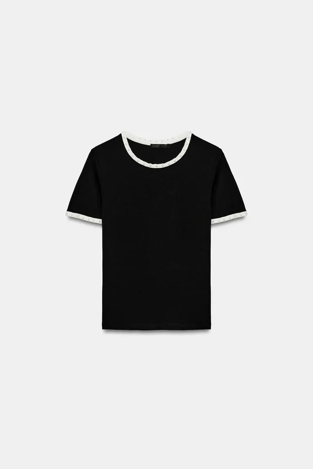 CONTRAST FAUX PEARL T-SHIRT – image 7