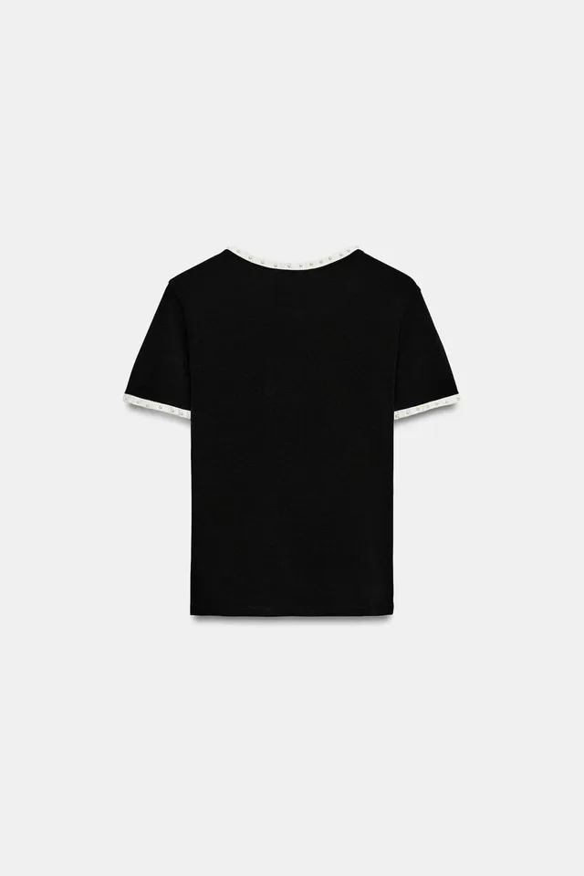 CONTRAST FAUX PEARL T-SHIRT – image 8