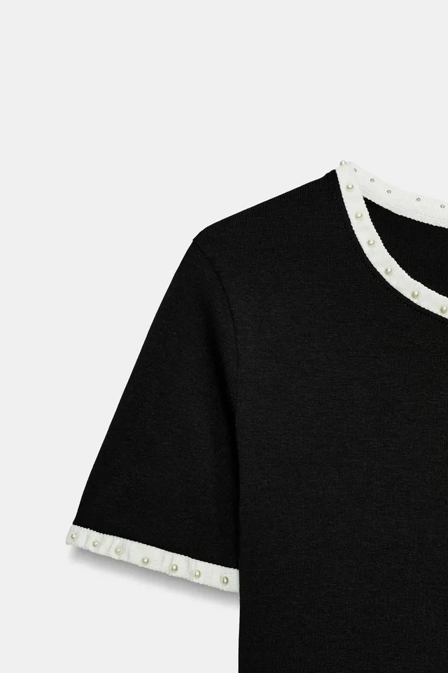 CONTRAST FAUX PEARL T-SHIRT – image 9