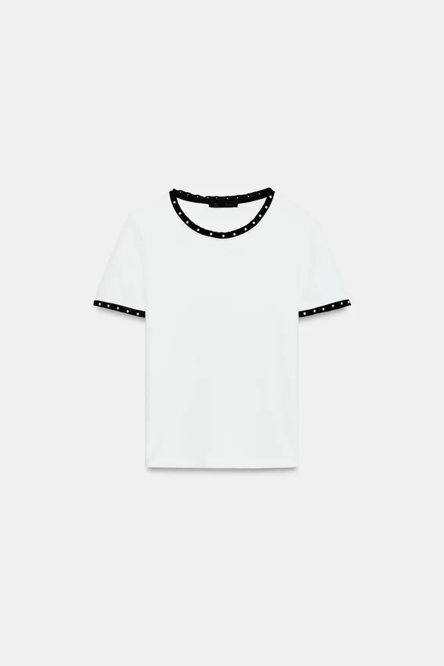 CONTRAST FAUX PEARL T-SHIRT – image 7