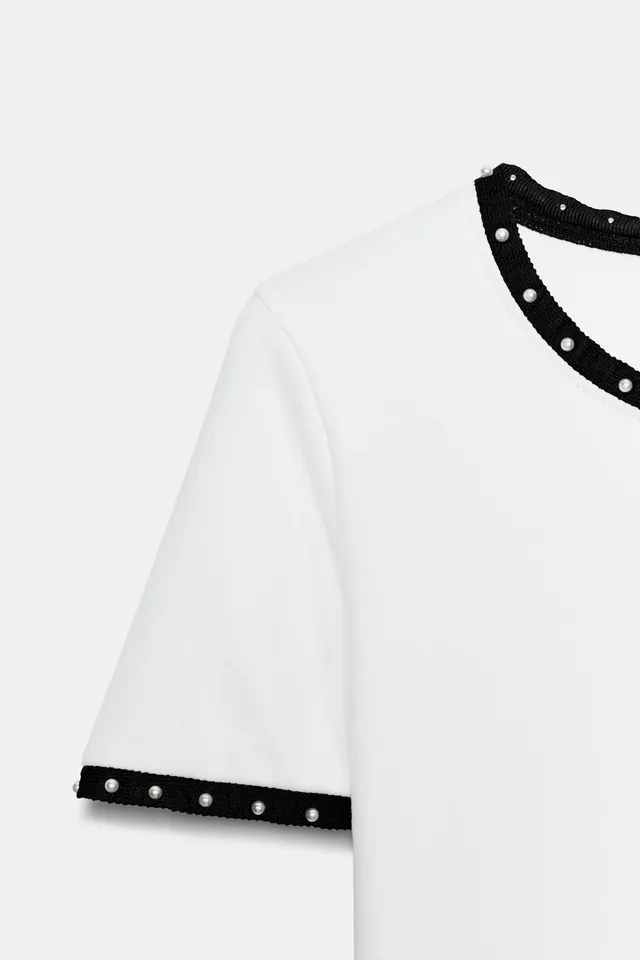 CONTRAST FAUX PEARL T-SHIRT – image 9